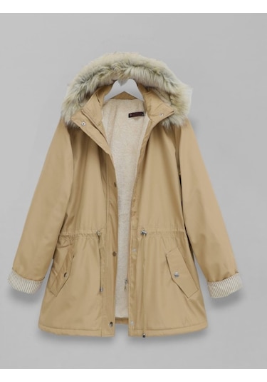 Kürklü Çıkma Kapşonlu İçi Peluşlu Mont -vizon Göründüğü Gibi