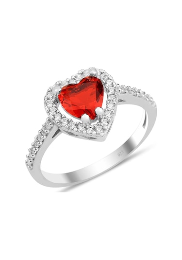 Gümüş Rodyumlu Kırmızı Taşlı Pırlanta Montürlü Kalp Modeli Yüzük