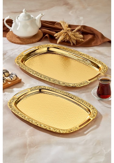 Cooker 2'li Paslanmaz Çelik Sunum Servis Tepsisi 40x70 Cm Sarı