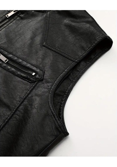 Kapüşonlu Triko Yaka Ve Triko Bel Hakiki Kuzu Derisi Yelek Siyah