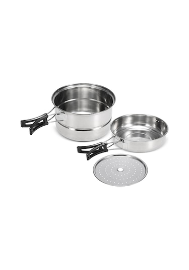 Geeksen Stainless Steel 3'lü Kamp Tencere Seti: Kettle, Tava Ve Buhar Tepsisi İle Çeşitli Pişirme Yöntemleri Gümüş