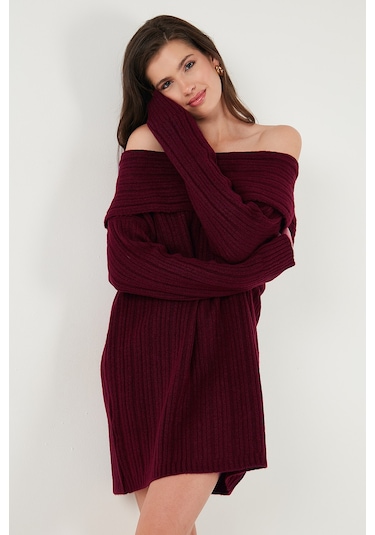 Lela Oversize Fit Kayık Yaka Uzun Kollu Mini Triko Bayan Elbise 4615218 Bordo