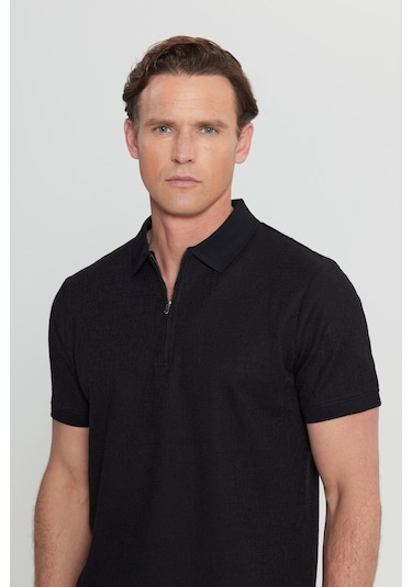 Erkek Sıyah Pamuklu Slim Fit Dar Kesim Fermuarlı Yaka Jakarlı Esnek Tişört Siyah