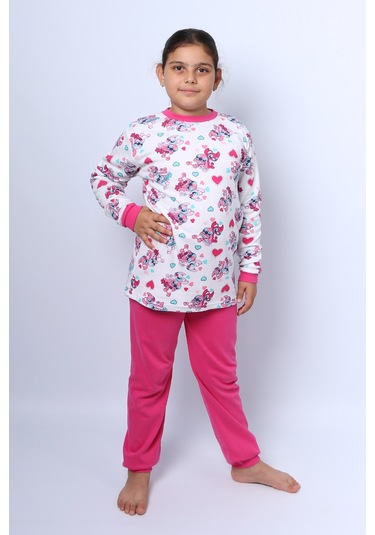 Kız Çocuk Pijama Takımı Baskılı Ribanalı C50 Koyupembe