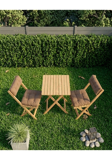 Duo Balkon Bahçe Mutfak Katlanır Masa Bej Rengi Minderli Sandalye Bistro Set Kahverengi