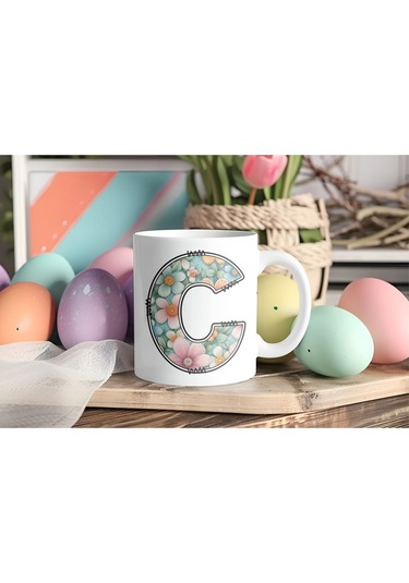 C Harfli Pastel Çiçek Desenli Kahve Kupası - Kişiye Özel Çiçekler Koleksiyonu Bardak - Hediye Beyaz