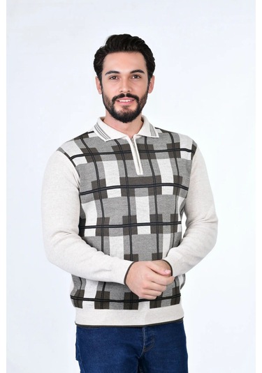 Kamalı Erkek Çelik Örgü Oduncu Desenli Gömlek Yaka Fermuarlı Polo Yakalı Tüylenmez Triko Kışlık Baba Kazak Taş