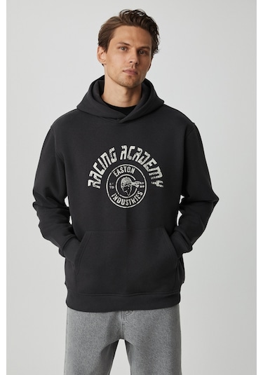 Grimelange Edgar Erkek Yumuşacık Kapüşonlu Oversize Antrasit Sweatshirt
