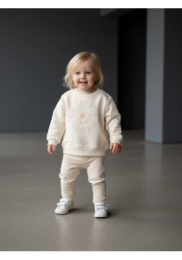 Zekids Kız Bebek Pamuklu Çiçek Detaylı Sweatshirt-16564 Krem