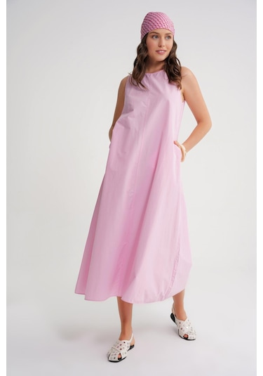 4690 Kadın Bisiklet Yaka Sıfır Kol Midi Paraşüt Elbise Pembe Pembe
