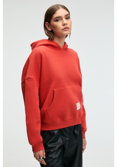 Grımelange Clarıe Kadın Organik Pamuklu Oversize Kanguru Cepli Kapüşonlu Kırmızı Sweatshirt Kırmızı