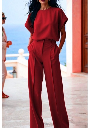 Modasize Kadın Kısa Kollu Bisiklet Yaka Bluz Yüksek Bel Cep Detaylı Pantolon Atlas Ikili Takım Kırmızı Modasize Kadın Kısa Kollu Bisiklet Yaka Bluz Yüksek Bel Cep Detaylı Pantolon Atlas Ikili Takım Kırmızı
