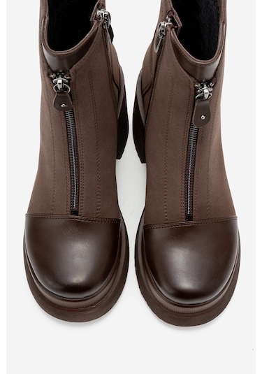 Anett Kahverengi Cilt-süet Fermuarlı Kadın Platform Topuklu Bot Kahverengi Deri