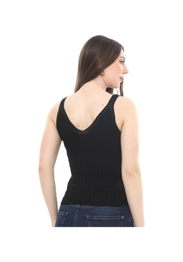 Monox Kadın Bluz V Yaka Gofre Nakışlı Yazlık Triko Atlet Siyah