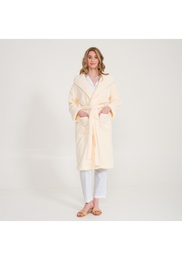 Uzun Welsoft Kapüşonlu Kadın Sabahlık Ekru