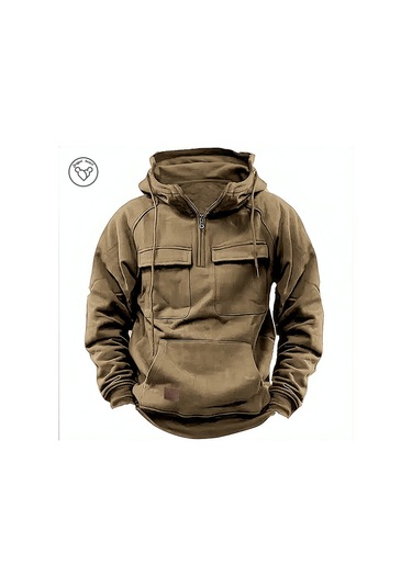 Erkek Düz Renk Kapşonlu Sweatshirt Haki