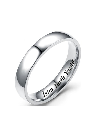 Kişiye Özel İsim Yazılı 4mm Bombeli Parlak Erkek Kadın Çelik Alyans Yüzük Cl18ko Beyaz
