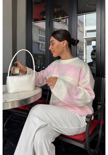 Madmext Pembe Bisiklet Yaka Çizgili Triko Kadın Kazak Mg2472 Pembe