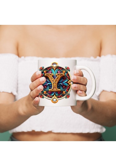Y Harfi Boho Bardak, Renkli Özel Tasarım Hediyelik Harfli Kupa, 330ml Porselen Beyaz