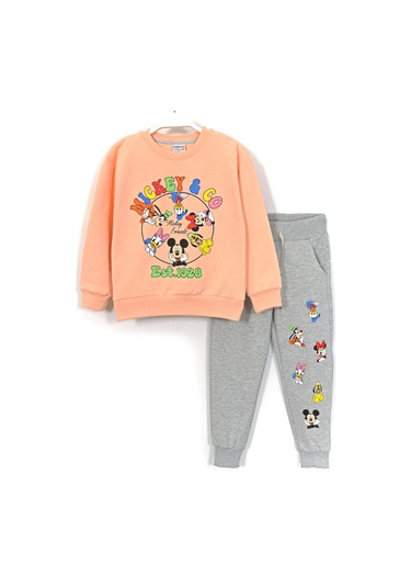 Baskılı Uzun Kollu Yumuşak Pamuk Kumaşlı Kız Çocuk Eşofman Takımı Somon