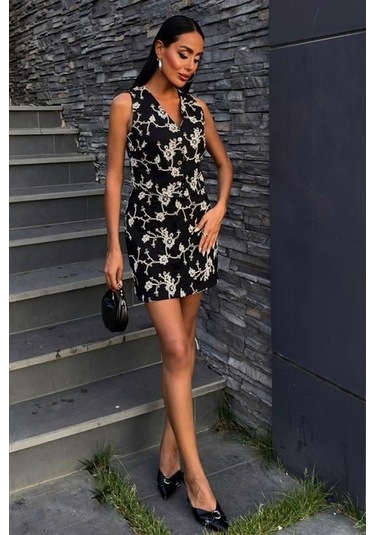 Nakışlı Yelek Şort Etekli Keten Takım 10226-08 Si Yah