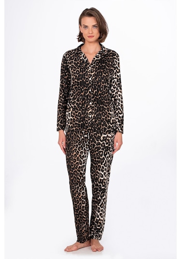 Kadın Süet Önden Düğmeli Pijama Takımı Leopar LEOPAR