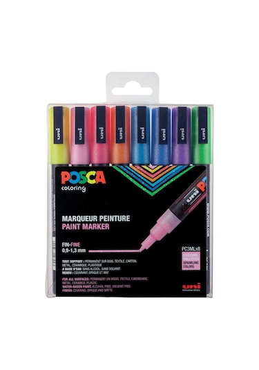 Uni Posca PC-3M Glitter Colours Su Bazlı Boyama Markörü Seti Siml