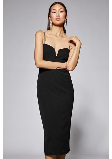 Koton Kadın Taşlı Askılı Kalp Yaka Midi Boy Elbise