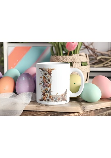 L Harfi Çiçek Desenli Kupa Bardak - Alfabe Harfleri İle Doğal Çiçekli Kupa - Hediye Fikir Beyaz