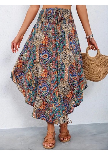 Kadın Beli Lastikli Bağcıklı Asimetrik Kesim Detaylı Desenli Bürümcük Etek Desenli