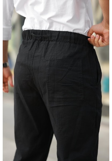 Erkek Beli Lastikli Keten Rahat Pantolon Siyah