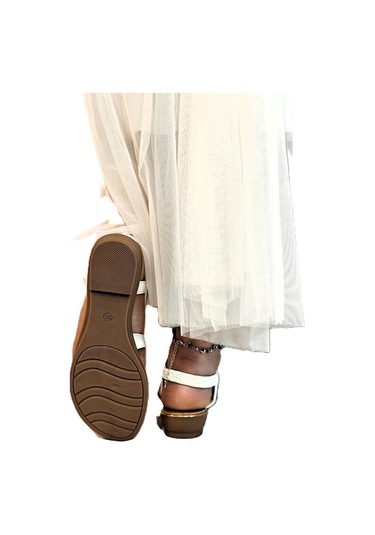 Pepita B160 Beyaz Taşlı Lastikli Şık Kaymaz Bayan Sandalet Beyaz