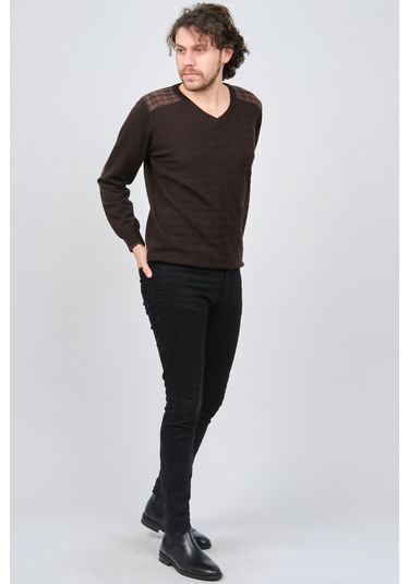Desen Triko Erkek V Yaka Saf Yün Kazak 0246538 Kahverengi Kahverengi