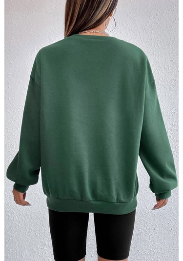 Modagen Unisex Yeşil California Baskılı Bisiklet Yaka Oversize Sweatshirt Yeşilsw