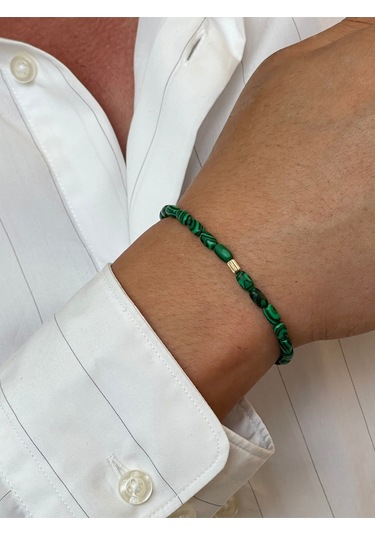 14 Ayar Altın Burgu Altın Detaylı Doğal Malahit Taşlı Tasarım Altın Bileklik Altın