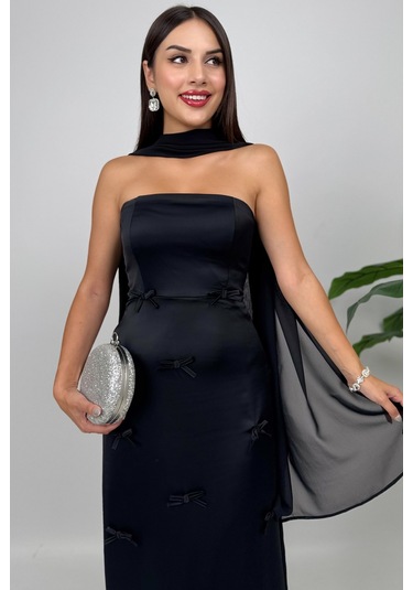 Lilina Straplez Fiyonk Detaylı Şal Aksesuarlı Uzun Siyah Abiye Elbise Siyah
