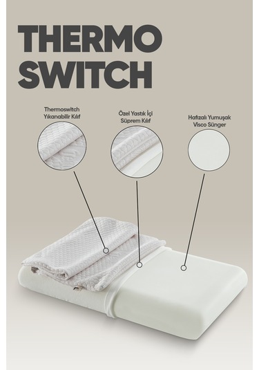 Isı Kontrol Yastığı Termoswıtch Ortopedik Düz Uzun Boy Visko Yastık -termal Isı Dengeleyici Yastık Beyaz
