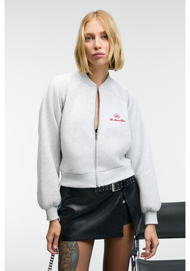 Grımelange Yasvell Kadın Metal Fermuarlı Çift Cepli Nakış Detaylı Balon Kollu Bomber Grimelanj Ceket Grimelanj