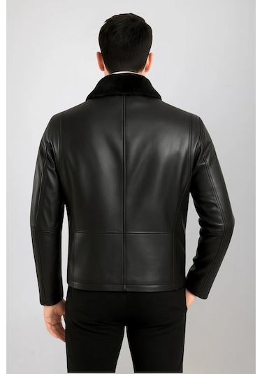 Derije Carlos Hakiki Deri Erkek Siyah Seyar Kürk Yaka Ceket-Mont