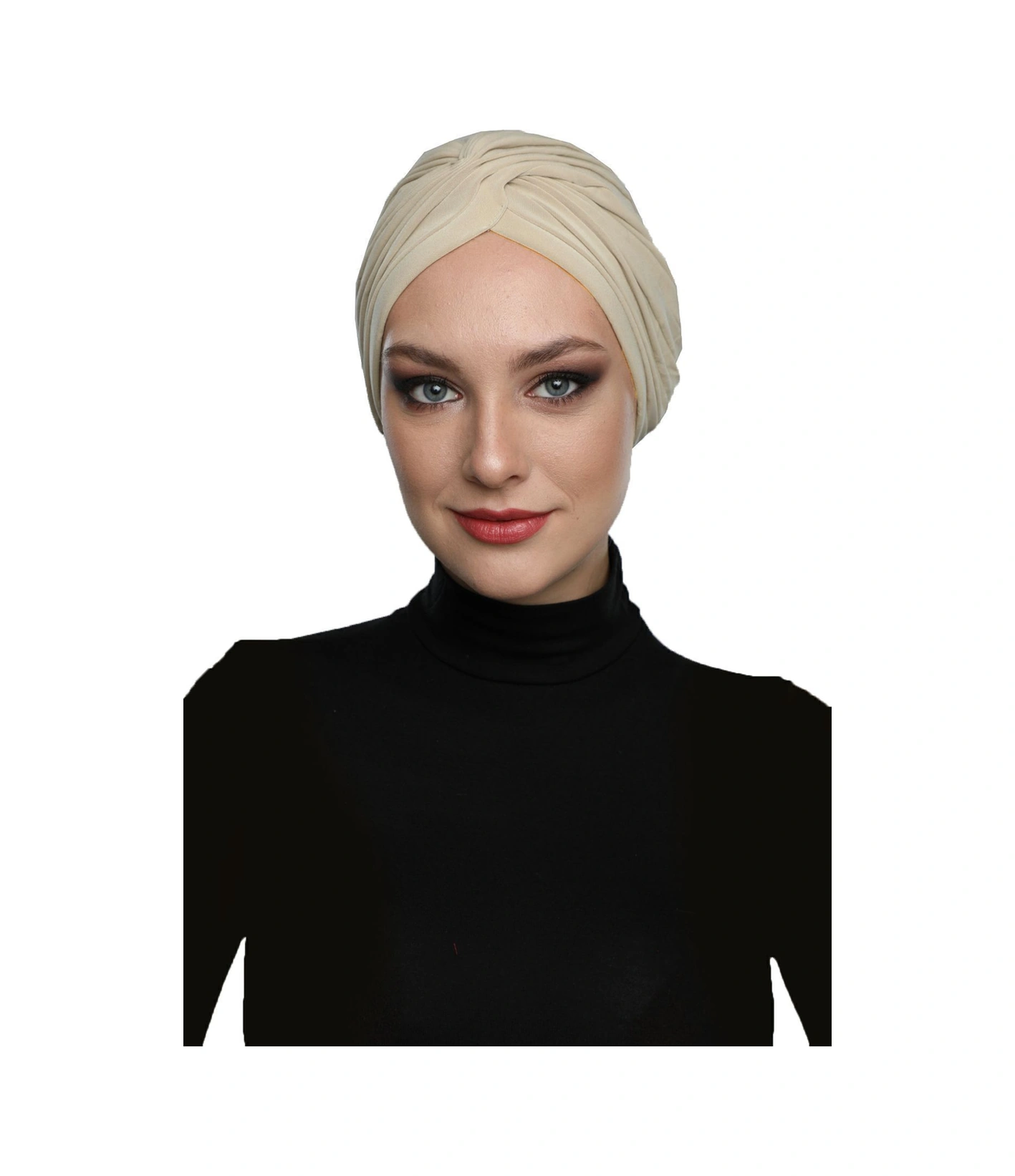 Çapraz W Nervürlü Ensesi Bantlı Kum Beji Hazır Türban Tesettür Havuz Bonesi Bej