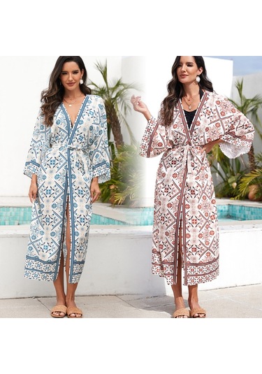 Kadınlar Plaj Tatili Baskılı Şal Bikini Güneş Korumalı Pareo Mavi