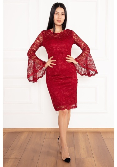 Kalopya Kol Volanlı Kısa Dantel Abiye Elbise 13034 Bordo