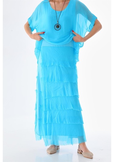 İtalyan 2 Beden İnce Gösteren Yarım Kol Kat Kat Ipek Elbise Turkuaz