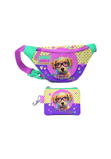 Coral High Kız Çocuk Sarı Pembe Sevimli Köpek Desenli Bel Çantası Ve Bozuk Para Cüzdanı Set Çok Renkli