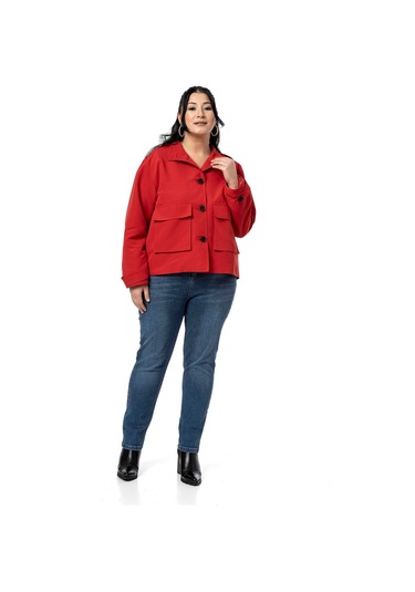 Büyük Beden Dik Yaka Kapaklı Torba Cepli Astarlı Kısa Kırmızı Trençkot Kırmızı