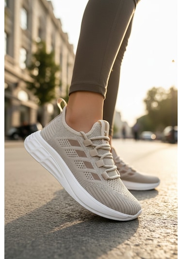 Enoch Kadın Hafif Koşu Ayakkabısı Nefes Alan Triko Örgü Sneaker Bej