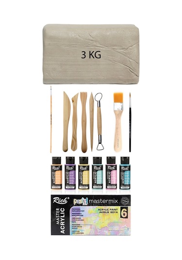 Beyaz Seramik Hamuru 3 Kg Master Mix Akrilik Set Pastel Renk 6lı 60cc Ebeşuar Seti Seramik Set
