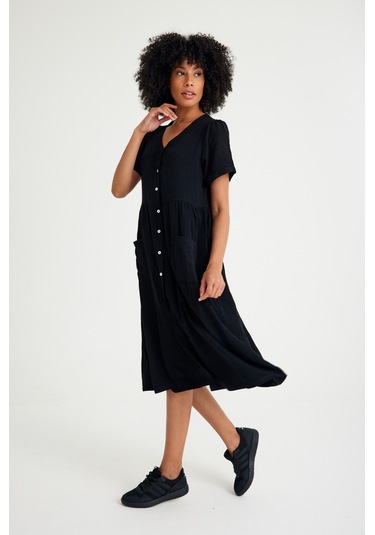 Barbora Keten Günlük Rahat V Yaka Beli Büzgü Detaylı Düğmeli Elbise Ln04siyah14 001