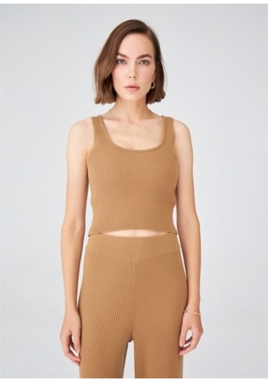 Peraluna Krop Fit Kadın Triko Atlet Camel Camel