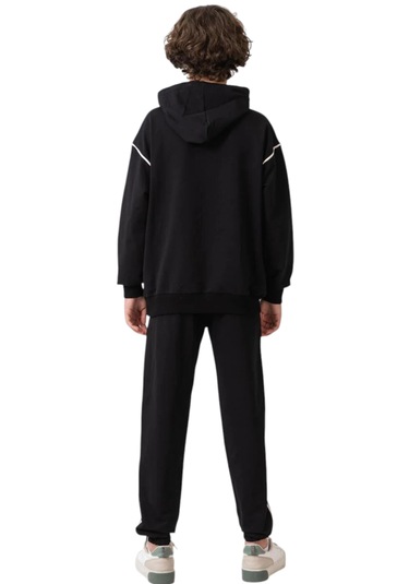 Erkek Çocuk New York Yazılı Çizgi Şeritli Kanguru Cepli Kapüşonlu Siyah Eşofman Takımı Siyah